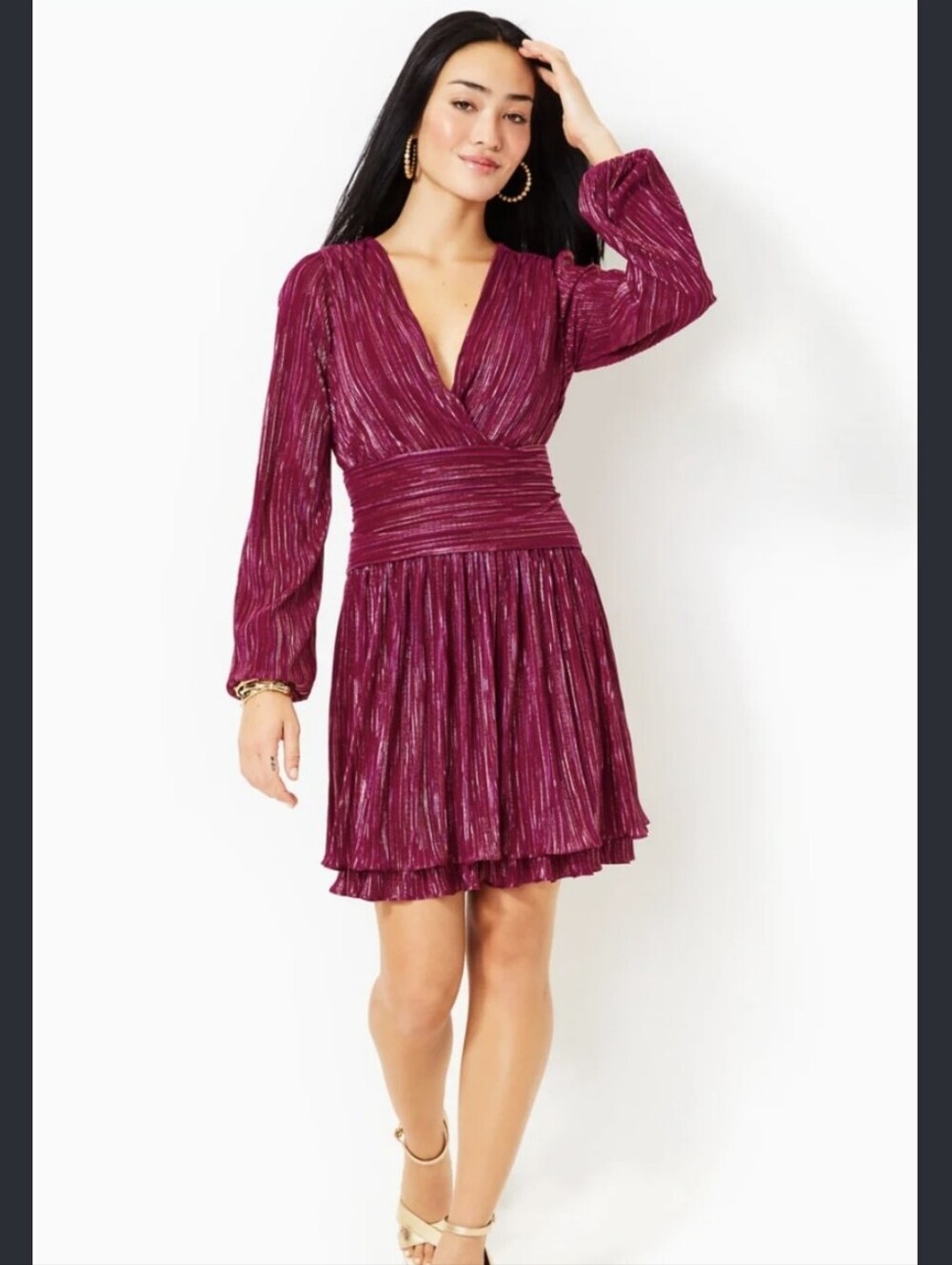 NWOT Lilly Pulitzer Plum Metallic Pleated Long-Sleeve Wrap Dress